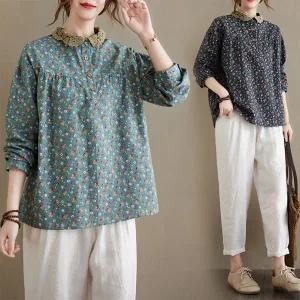 레이스 카라넥 잔꽃 버튼 티셔츠 상의 윗도리 가을 겨울 봄 긴팔 면 여성 면티 블라우스 여성티