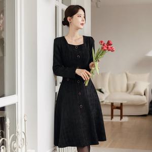 [시크라인] (~XXL까지) 브로쉐 스퀘어 넥 핀턱 소매 플레어 원피스 겨울 모임룩 하객룩 연말룩 파티룩 ootd 미시룩