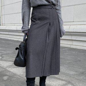 [옷자락]여자 겨울 모던 하프 플리츠 벨티드 롱스커트