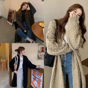 여자 패턴 니트 가디건 꽈배기 코트 롱 캐주얼 버튼