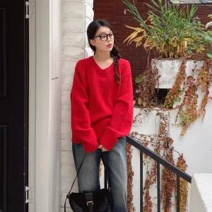 [하프클럽/]크리스마스 초록 빨간니트 시보리 v넥 무지티셔츠