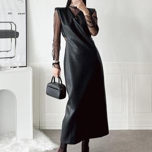 여자 연말파티룩 컷팅 민소매 가죽 롱원피스