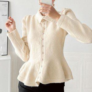 [신세계라이브쇼핑][샵앤] 여성 카라넥 진주단추 셔링 하객룩 울 니트 자켓 CAT-WJK-4052-브라운