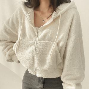 [더봉][3가지컬러] 포근해 양털 세미 크롭 후드 집업후리스뽀글이