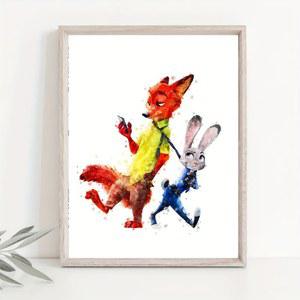 미니소 디즈니 주토피아 포스터, 닉앤주디 캔버스 페인팅, 만화 수채화 벽 아트, 벽, 침실, 거실, 홈 데코