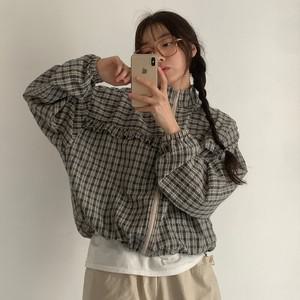 여자 프릴 오버핏 스트링 지지미 블루종 퍼프 점퍼