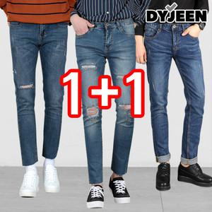 [원플원] 디와이진 남자 데미지 찢청 스크래치 디스트로이드진 일자핏 컷팅 데님 스판 청바지 빅사이즈 편한 크롭팬츠