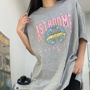 [하프클럽/시크빈]빈티지영문나염 박스 롱반팔티 여성빅사이즈 루즈핏오버핏 여름면캐주얼