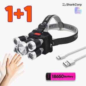 1+1 직진성 광폭 5구 LED 충전식 헤드랜턴 고출력 헤드램프 C타입 캠핑 낚시