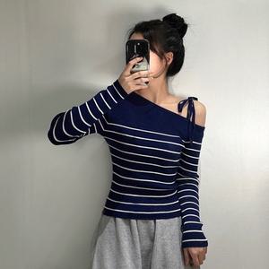 여성 스트라이프 원 숄더 리본 니트 티 [3color 슬림핏 단가라 오프숄더 골지 여자 긴팔 티셔츠 어깨 트임]