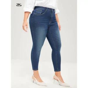 찢어진 와이드 여자통 키작녀 린넨데님팬츠 플러스 사이즈 펜슬 청바지 여성용 100 Kgs 전체 길이 스키니