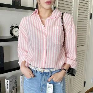 /옷자락 여자 핑크 블루 카라 스트라이프 셔츠