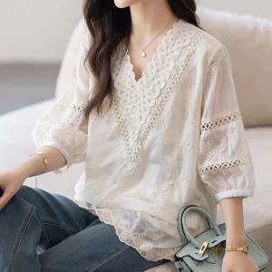 [퀸이즈][퀸이즈] [88까지]레켄 플라워 레이스 자수 블라우스