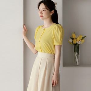 [시크라인] (~XXL까지) 듀피드 하트 버튼 퍼프소매 블라우스 여름 일상룩 오피스룩 데이트 모임 미시 빅사이즈