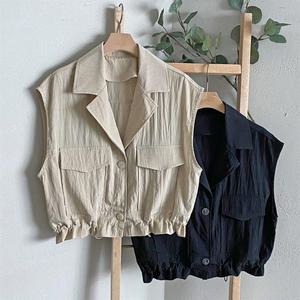 여자 버튼 밑단스트링 비스코스 주머니 그런지 조끼