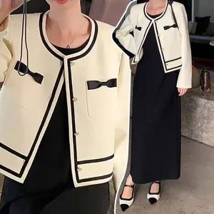 [하프클럽/](55~66) 배색라인 리본 트위드 세미크롭 자켓(2col)