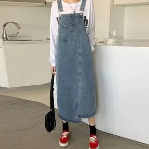 절대 포인트 언발란스 데님 스커트 멜빵 패션 유니크