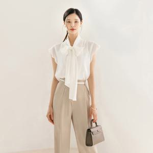 [시크라인] (~XL까지) 비오르 리본타이 진주버튼 프릴 슬리브리스 블라우스 여름 오피스룩 데이트 모임 미시 빅사이즈