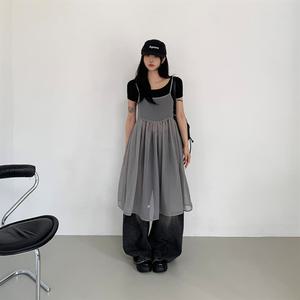 여성 쉬폰 끈 레이어드 시스루 롱 드레스