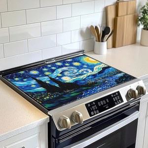 전기 스토브 상단 커버 프로텍터, 반 고흐 별이 빛나는 밤 유리 플랫 매트, 세라믹 조리대 매트용 내열 오븐 인덕션 쿡탑 매트 접시 건조