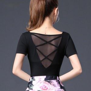 여성 댄스복 상의 라인 블랙중반팔 공연복 바 S 밸리 라틴