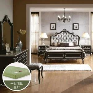 로젠 블랙 엔틱 원목 벨벳 퀸침대세트B (퀸침대+화장대+거울+독립매트리스)_