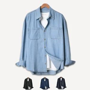 (L~5XL) 남자 데님 셔츠 이염 없는 오버핏 청 남방 긴팔 진청 연청 블랙 남녀공용 빅사이즈