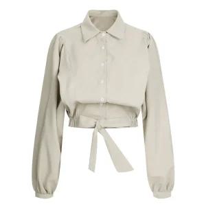 여성 카라넥 퍼프 가오리 밑단리본 루즈핏 면 블라우스 EGG-WBL-20773-베이지