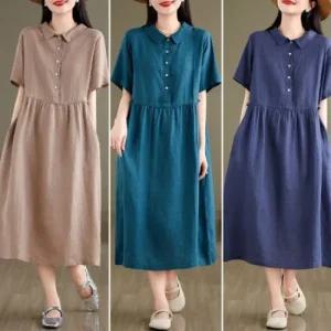 면혼방 웨이스트 버튼 반팔 컬러풀 원피스 롱 여름 루즈핏 치마 은창]린넨 롱원피스
