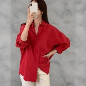 [다잇템] 여성 남방 빅사이즈 민무늬 롱슬리브 FW 레드색 큰사이즈 블라우스