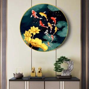 원형비단잉어그림 황금 들어오는 비단 물고기 재물과 주는 돈