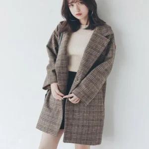 여성 루즈핏 자켓 아우터 체크 간절기 하프기장 모직