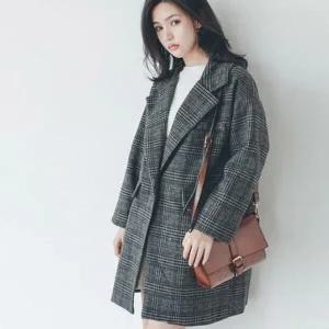 아트박스/신상오픈런 여자 간절기 체크 모직 롱 카라넥 하프 자켓