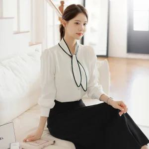 [시크라인] (~XXL까지) 프레노 배색 타이넥 퍼프소매 블라우스 가을 하객룩 오피스룩 모임룩 격식룩 빅사이즈