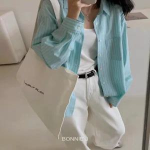 [보니제이]여성 봄 남방 스트라이프 셔츠 오버핏 민트 셔츠