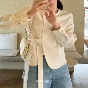 [보니제이]루즈핏 라운드 골드 버튼 허리 끈 여성 봄 자켓 오피