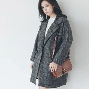 [신상오픈런]|CCJ66CF|여자 간절기 체크 모직 롱 카라넥 하프 자켓