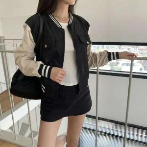 |CHJ671F|여자  사이드포켓 바시티 배색 노카라 항공 점퍼