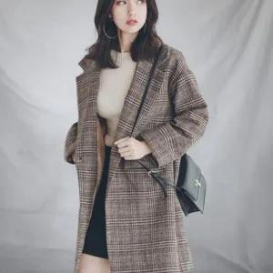 [하프클럽/]여성 체크 롱 카라넥 하프 자켓 간절기 모직 코트