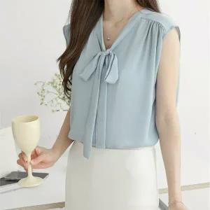 여자 V넥 슬리브리스 오피스룩 타이 민소매 블라우스_3