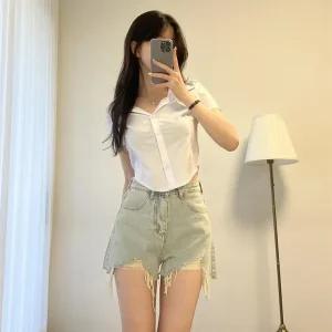 여자 캐주얼 빈티지 데미지 피그먼트 3부 청반바지