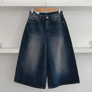 [하프클럽/]여자 가을 버뮤다데님 박시 와이드 워싱 면 청반바지