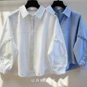 [유아몽드]오버핏 카라넥 데일리 여성셔츠 무지 블루 화이트 퍼
