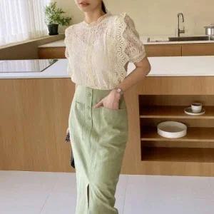 반목 블라우스 레이스 셔링 오프숄더 여성 시스루 반팔 퍼프