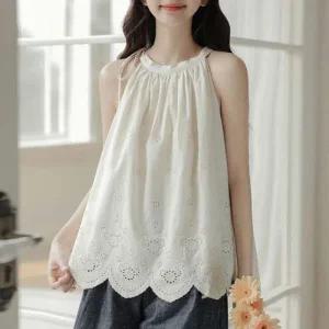 리본끈 장식 홀터넥 펀칭 자수 나시 블라우스