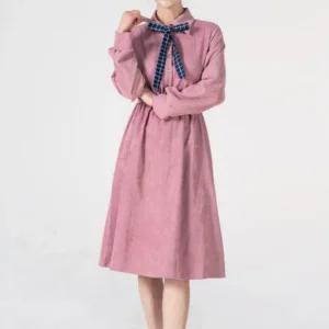 여자 하객룩 원피스 끈리본 가을 간절기 긴팔 베이직 나들이 포인트 데일리 체크