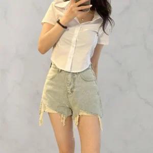 여성 캐주얼 빈티지 손상 피그먼트 3부 청반바지