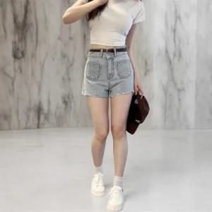 여성 3부 앞주머니 클래식 밑단컷팅 투버튼 청반바지