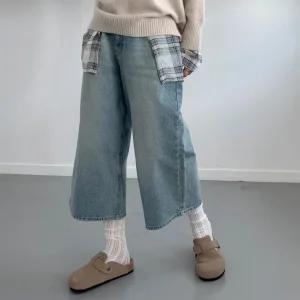 여자 워싱 코튼 버뮤다데님 칠부 FW 와이드핏 청반바지