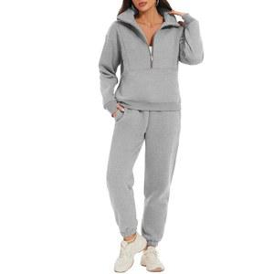 페메아 편안한 지퍼 2피스 긴팔 하프 트레이닝복, 세트 여성용 겨울 풀오버 라운지 플리스